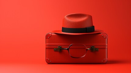 Exploring Summer Vibes: Stylish Suitcase, Hat, and Sunglasses on a Vibrant Red Background &ndash; Perfect for Travel and Holiday Concepts!