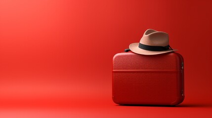 Exploring Summer Vibes: Stylish Suitcase, Hat, and Sunglasses on a Vibrant Red Background &ndash; Perfect for Travel and Holiday Concepts!