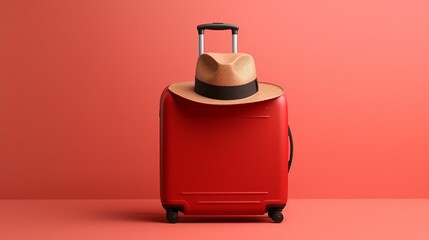 Exploring Summer Vibes: Stylish Suitcase, Hat, and Sunglasses on a Vibrant Red Background &ndash; Perfect for Travel and Holiday Concepts!