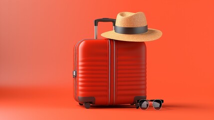 Exploring Summer Vibes: Stylish Suitcase, Hat, and Sunglasses on a Vibrant Red Background &ndash; Perfect for Travel and Holiday Concepts!
