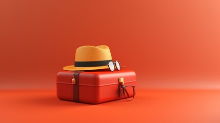 Exploring Summer Vibes: Stylish Suitcase, Hat, and Sunglasses on a Vibrant Red Background &ndash; Perfect for Travel and Holiday Concepts!