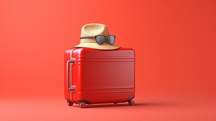 Exploring Summer Vibes: Stylish Suitcase, Hat, and Sunglasses on a Vibrant Red Background &ndash; Perfect for Travel and Holiday Concepts!
