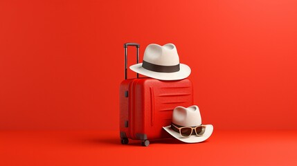 Exploring Summer Vibes: Stylish Suitcase, Hat, and Sunglasses on a Vibrant Red Background &ndash; Perfect for Travel and Holiday Concepts!