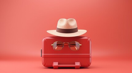 Exploring Summer Vibes: Stylish Suitcase, Hat, and Sunglasses on a Vibrant Red Background &ndash; Perfect for Travel and Holiday Concepts!