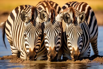 capturing the beauty of a group of zebras standing closely next to each other in the vast savanna grassland, A group of zebras drinking from a waterhole in the African Serengeti, AI Generated