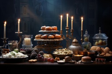 Fototapeta na wymiar An extravagant display of delectable meals and glowing candles adorning a well-set table, A Hanukkah celebration, with a lit menorah and traditional food, AI Generated