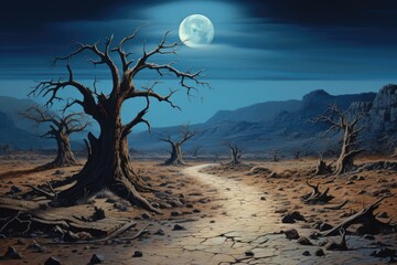 A mesmerizing painting depicting a tranquil dirt path stretching through nature and ending at a magnificent tree, A haunting desert landscape under a full moon, AI Generated