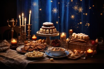 Naklejka premium An incredible display of delectable dishes and glowing candles adorns a well-set table, creating a feast for the eyes, A Hanukkah celebration, with a lit menorah and traditional food, AI Generated