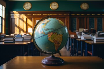 A globe sitting on top of a wooden table, symbolizing the representation of the world and our connection to it, A globe sitting enchantingly in a history classroom, AI Generated
