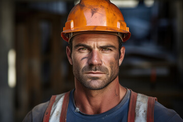 A male construction worker on a construction site, standing with tools and making eye contact with the camera
