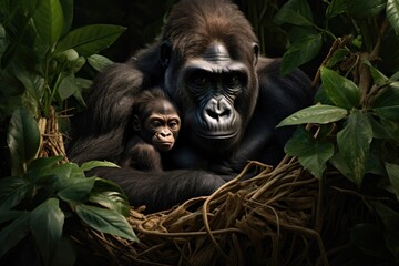 Fototapeta premium Witness the tender bond between a mother gorilla and her baby as they navigate the lushness of the jungle, A gorilla lovingly cradling its infant amidst the jungle foliage, AI Generated