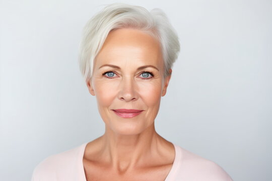 Portrait of a beautiful middle-aged woman with short white hair and blue eyes