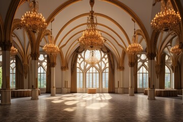 Naklejka premium A grand room featuring chandeliers and large windows, casting abundant light throughout the space, A grand ballroom with golden chandeliers and large arched windows, AI Generated