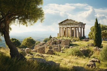 Fototapeta na wymiar A captivating painting depicting a magnificent Greek temple standing proudly atop a picturesque hill, A Greek temple in ruins surrounded by olive trees, AI Generated