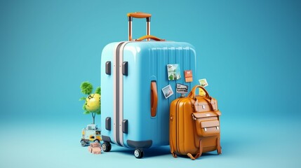 Wanderlust Journey with a Blue Background: Suitcase Packed with Travel Accessories for a Globetrotter's Adventure Across Destinations and Holidays Worldwide.