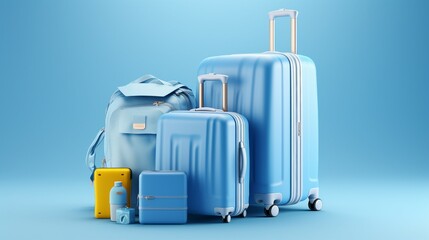 Wanderlust Journey with a Blue Background: Suitcase Packed with Travel Accessories for a Globetrotter's Adventure Across Destinations and Holidays Worldwide.