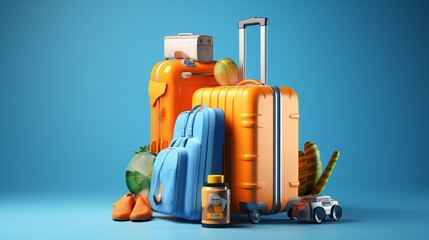 Wanderlust Journey with a Blue Background: Suitcase Packed with Travel Accessories for a Globetrotter's Adventure Across Destinations and Holidays Worldwide.