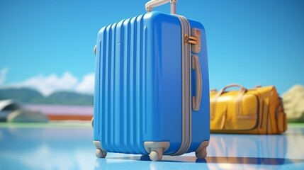 Wanderlust Journey with a Blue Background: Suitcase Packed with Travel Accessories for a Globetrotter's Adventure Across Destinations and Holidays Worldwide.