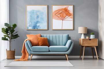 Blue and orange living room interior with sofa, rug, plant, and paintings