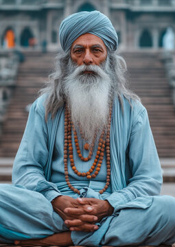 portrait of an old sikh man with long beard and hat or kesh, guru and spiritual master of the sikhism