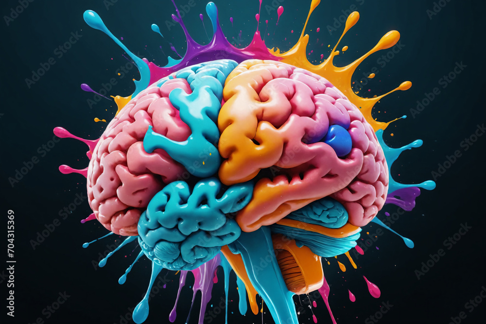 Poster liquid color design background fly out of mind explosion - as a fantasy. colorful brain splash brain