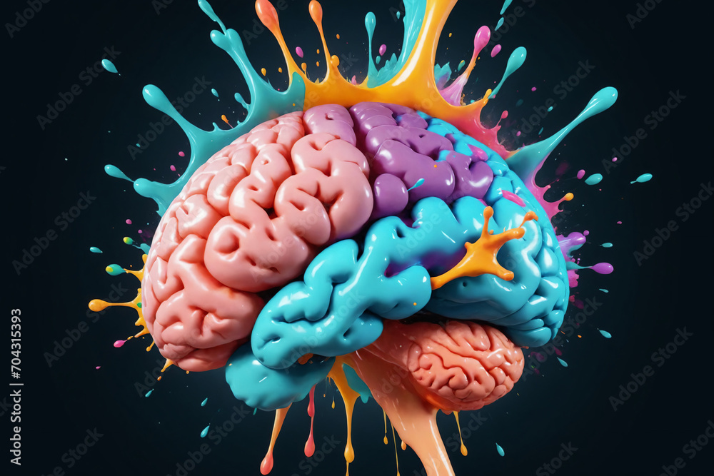 Poster liquid color design background fly out of mind explosion - as a fantasy. colorful brain splash brain