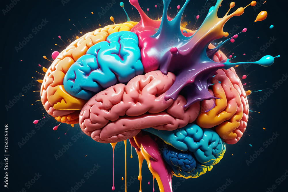 Poster liquid color design background fly out of mind explosion - as a fantasy. colorful brain splash brain