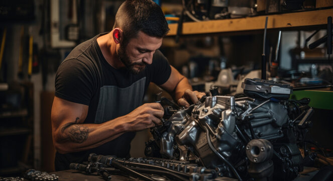 A mechanic in the garage is fixing the engine, generative AI