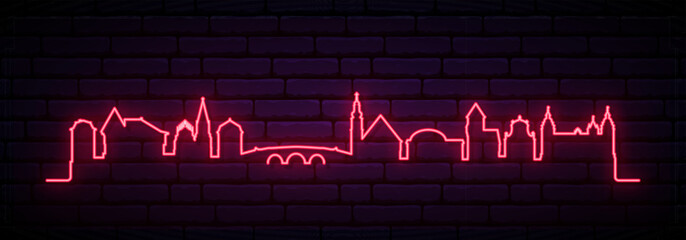Red neon skyline of Aschaffenburg. Bright Aschaffenburg, Germany long banner. Vector illustration. - obrazy, fototapety, plakaty