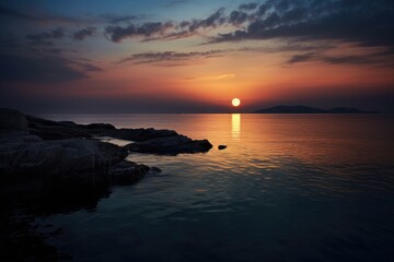 A breathtaking view of the sun setting over the ocean, with rocks in the foreground, A heart-shaped moon over a calm sea, AI Generated