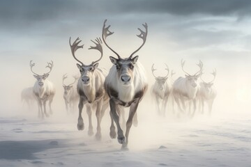 A group of reindeer swiftly gallops across a snowy field, A herd of reindeer migrating across a snow-covered plain, AI Generated