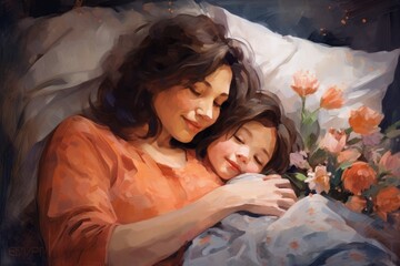 painting of the tender moment of a mother and daughter peacefully sleeping side by side, A heartwarming painting of a mom snuggling in bed with a homemade 'Happy Mothers Day' card, AI Generated