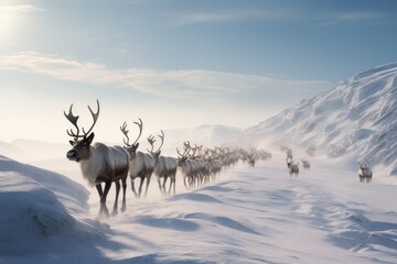 A group of reindeer walking together across a snow-covered field on a cold winter day, A herd of reindeer migrating across a snow-covered plain, AI Generated