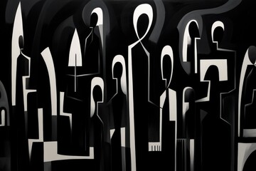 A captivating black and white painting showcasing a diverse group of individuals, A high contrast black and white image with abstract figures, AI Generated