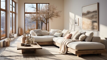 Modern living room interior with large windows and comfortable sofa