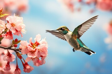 Fototapeta premium A vibrant hummingbird gracefully soars above a tree adorned with beautiful pink flowers in bloom, A hummingbird hovering near a vibrant blossom, AI Generated
