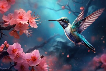 Fototapeta premium A stunning image capturing a hummingbird gracefully flying above vibrant pink flowers in a lush forest, A hummingbird hovering near a vibrant blossom, AI Generated
