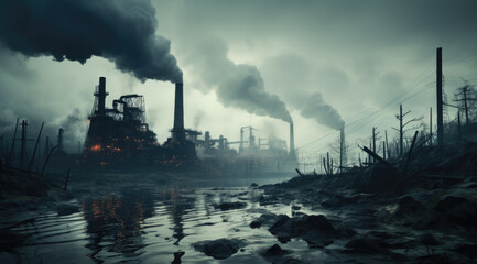 The massive factory with smoking chimneys is polluting the surrounding environment, generative AI