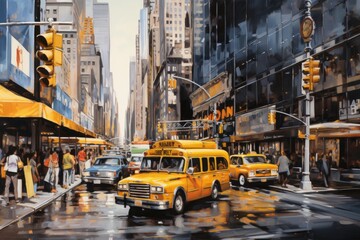 This vibrant and atmospheric painting portrays the energetic atmosphere of a rainy city street, A hustle of a Manhattan steet with yellow taxis and hotdog stalls, AI Generated