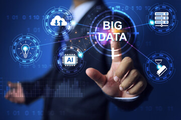 Big data concept with businessman touch on cloud computing system to search and collect data information for analysis by using AI analytic as assistant to help on digital platform