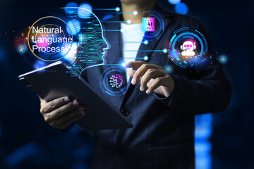 Natural language processing NLP with businessman touch on digital chatbot as assistant communication data in digital network with machine learning application by AI or Artificial intelligence