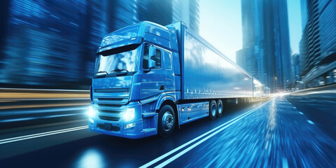 Neon lights adorn the digital truck as it speeds along the digital highway at night, generative AI