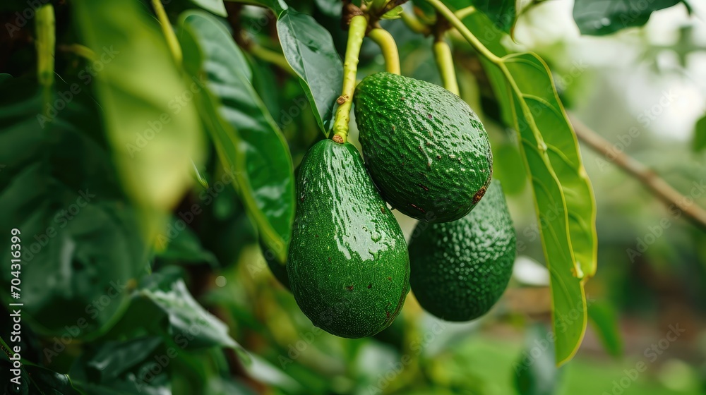 Wall mural green Hass Avocados fruit hanging in the tree