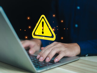 Warnings exclamation mark alerts in computer systems to be aware of the dangers and risks of...