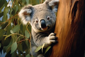 A koala perched on a tree branch, blending seamlessly with the lush greenery, A koala clinging onto a eucalyptus tree, AI Generated