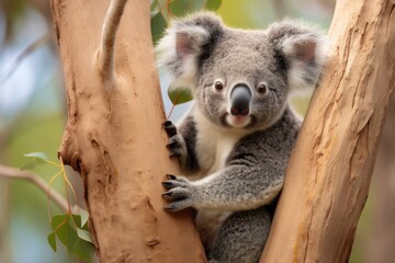A koala sitting in a tree, making eye contact with the camera, A koala clinging onto a eucalyptus tree, AI Generated