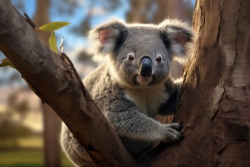 An adorable koala perched in a tree, making direct eye contact with the camera, A koala clinging onto a eucalyptus tree, AI Generated
