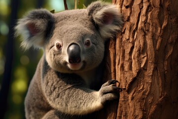 Obraz premium A captivating image showcasing a koala up close, peacefully resting on a tree branch in its natural habitat, A koala clinging onto a eucalyptus tree, AI Generated