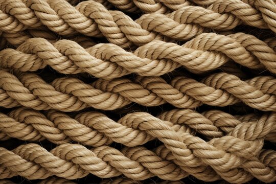This image provides a detailed close up view of a rope, showcasing its twisted fibers, ideal for knot tying and securing objects, A knotted and twisted texture of a rope, AI Generated