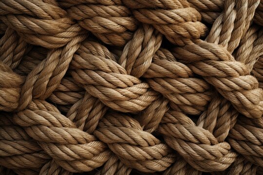 This image showcases the close-up details of a rope, providing a clear and detailed view of its twisted texture and construction, A knotted and twisted texture of a rope, AI Generated